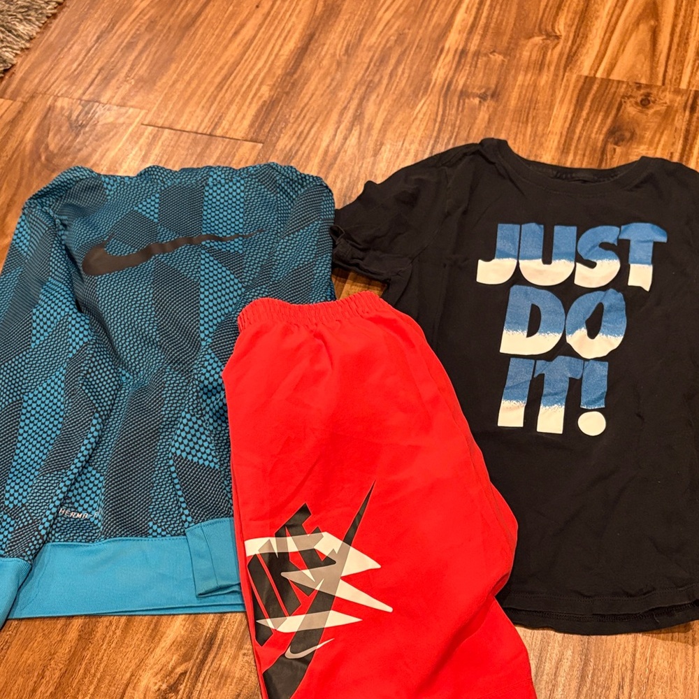 Nike Black and Blue Graphic Hoodie with Red Shorts and T-Shirt